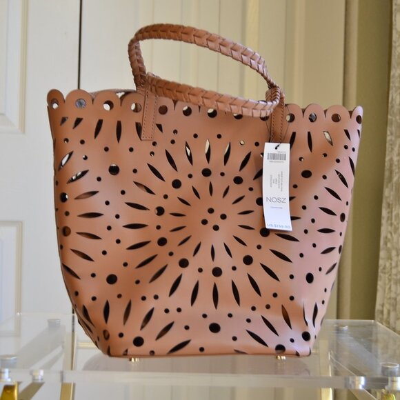Chico's Chicos Laser Cut Neutral Leather Tote Bags Tan NWT - Picture 1 of 13